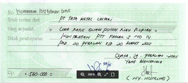 TML - Penyediaan Kontrakan Tukang Kamar 3 Oleh Bu Nunung Periode  20 Feb - 20 Mar 2025